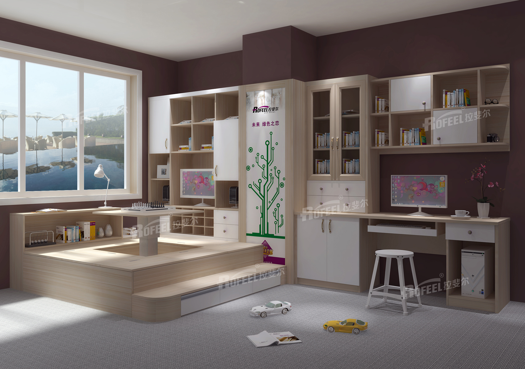 拉斐尔衣柜 原木色榻榻米书柜装修效果图-中华衣柜网